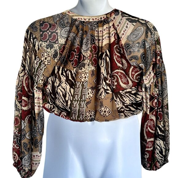 Rachel Rachel Roy  Bohemian Patchwork Paisley Cropped Blouse Size Small - Picture 2 of 7